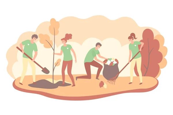 Voluntários cooperando juntos e limpando autimn parque da cidade, eles estão coletando e separando resíduos, conceito de proteção ambiental. Ilustração vetorial. —  Vetores de Stock