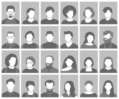 Bir grup insan, avatarlar, siluetler. İnsanlar sosyal ağ simgeleri koleksiyonuyla karşı karşıya.