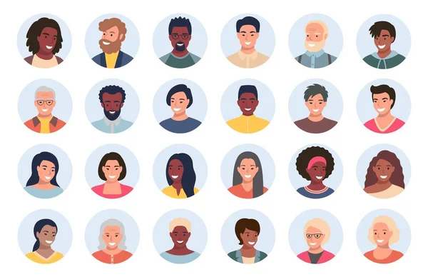 Személyek, avatarok, különböző etnikumú és korú emberek lapos stílusban. Multi nationality közösségi hálózatok emberek szembesülnek gyűjtemény. — Stock Vector
