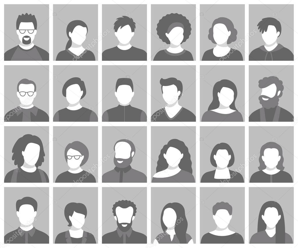 Set of persons, avatars, people heads silhouettes. People faces social network icons collection.