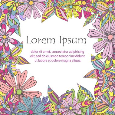 Doodle çiçekli çerçeve tebrik kartı.