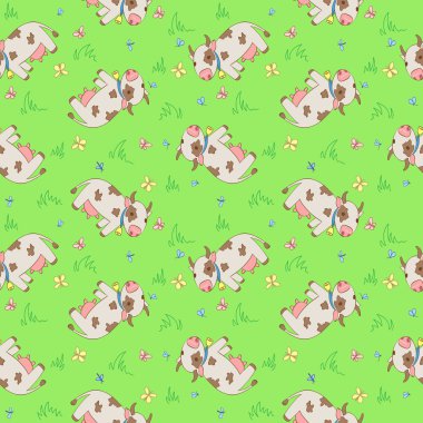 İnek, sivrisinekler ve kelebekler tarz çizgi film ile desen.