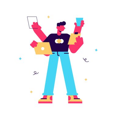 Çoklu görev milenyum konsepti. Altı elli genç erkek karakter.