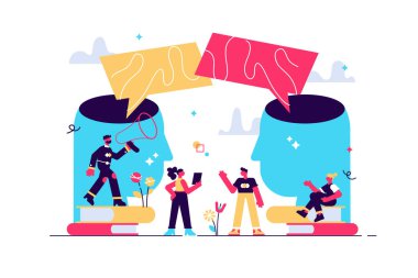 Vektör illüstrasyonu, sosyal iletişim, iki büyük kafa düşüncelerini paylaşıyor.