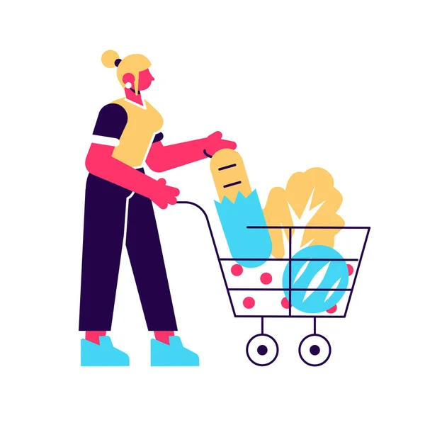 Cartoon female with shopping cart full of products vector — Stock Vector