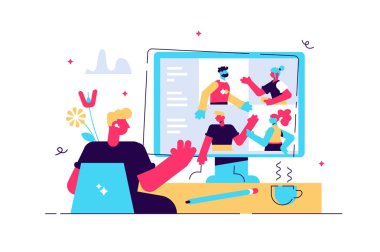 Video konferans vektör illüstrasyonu. İş ile mesafeli konuşma