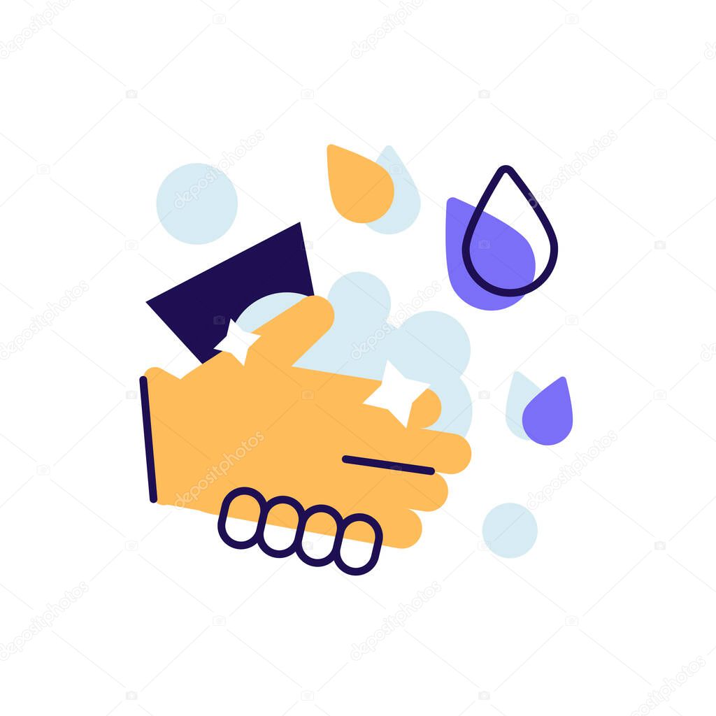 Washing hands hygiene with soap vector icon. Arms antibacterial cleansing measures during covid coronavirus pandemic. Cartoon flat color logo sign of sanitizer apply, disinfection soap bubbles on hand
