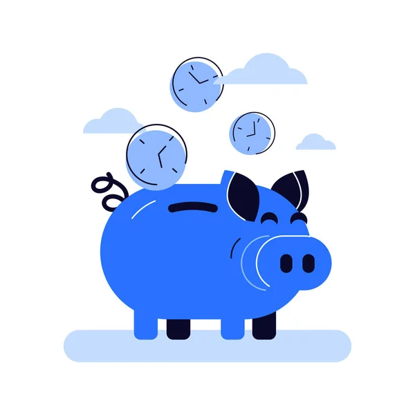 Banco porquinho azul engraçado e caindo dentro do relógio enfrenta moedas — Vetor de Stock