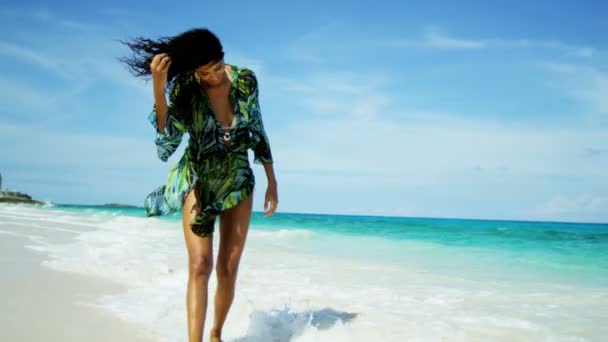 Girl reveling being alone on beach — Stock Video