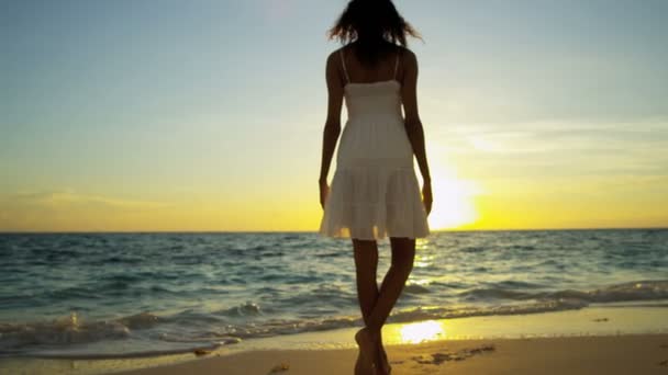 Girl splashing in ocean shallows at sunset — Stock Video