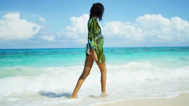 Meisje genoot zijn alleen op strand — Stockvideo