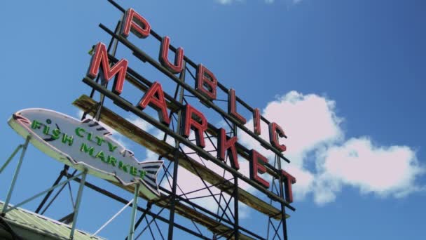 Openbare markt centrum vismarkt in Seattle — Stockvideo