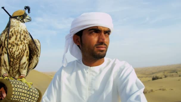 Arabische man met opgeleide falcon — Stockvideo