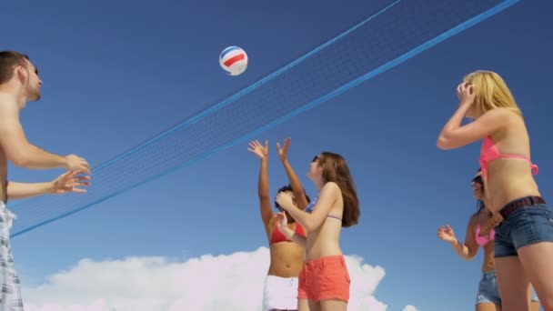 Amigos universitarios jugando voleibol en la playa — Vídeos de Stock