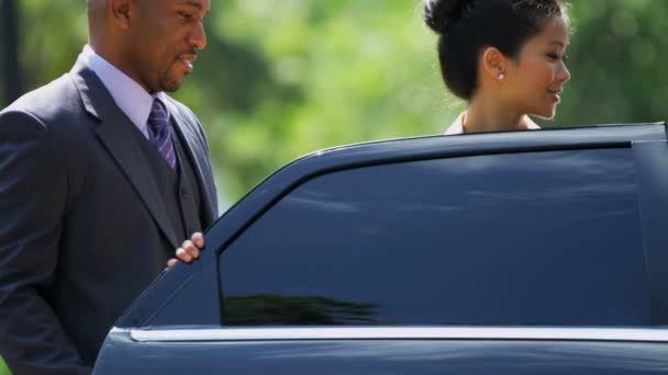 Affärskonsulter som får in limousine — Stockvideo