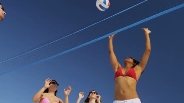 Amigos universitarios jugando voleibol en la playa — Vídeo de stock