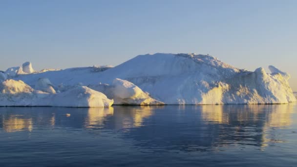 Glacier ice floes floating in water at sunset — Stock Video