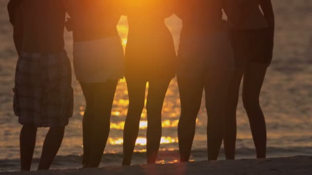 Подростки наблюдают закат на пляже — стоковое видео