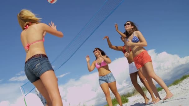 Amigos universitarios jugando voleibol en la playa — Vídeos de Stock