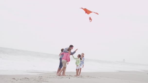 Familia divirtiéndose con cometa en la playa — Vídeos de Stock