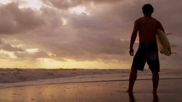 Surfista en la playa viendo olas — Vídeos de Stock