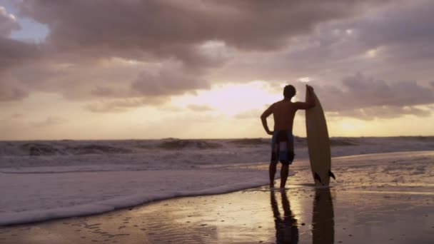 Surfista en la playa viendo olas — Vídeo de stock