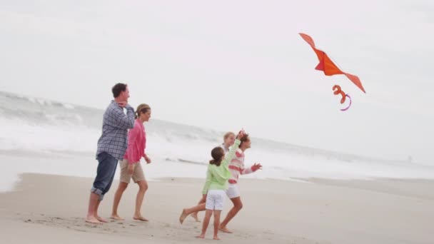 Familia divirtiéndose con cometa en la playa — Vídeos de Stock