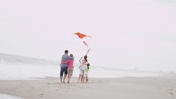 Keluarga bersenang-senang dengan layang-layang di pantai — Stok Video