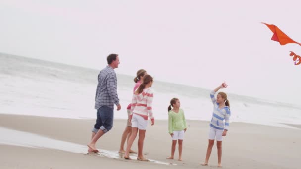 Rodzina bawią się z latawcem na plaży — Wideo stockowe