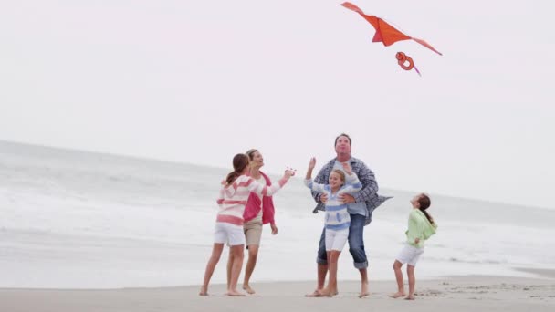 Familia divirtiéndose con cometa en la playa — Vídeos de Stock