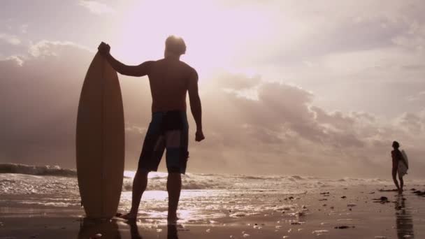 Surfers, κρατώντας ιστιοσανίδες και βλέποντας τα κύματα — Αρχείο Βίντεο