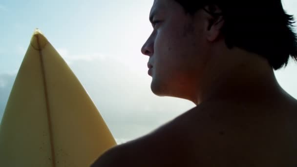 看着海浪的海滩上的冲浪者 — 图库视频影像