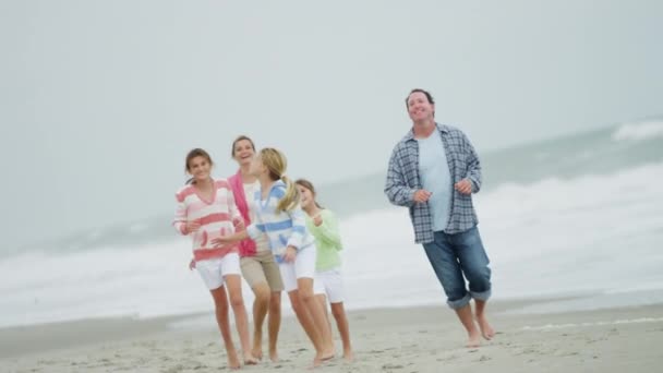 Familia divirtiéndose con cometa en la playa — Vídeo de stock