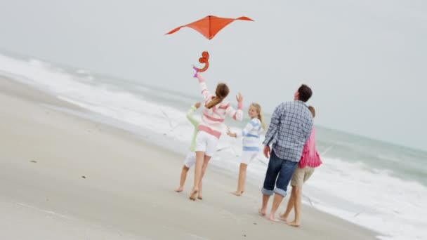 ビーチで凧を楽しむ家族 — ストック動画