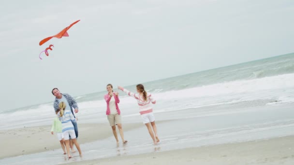 Familie hat Spaß mit Drachen am Strand — Stockvideo