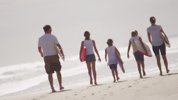 Parents avec filles marchant sur la plage — Video