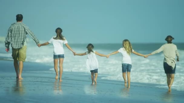 Anne kızı plajda yürüyüş — Stok video