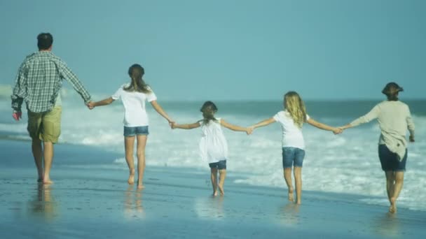 Padres con hijas caminando en la playa — Vídeos de Stock