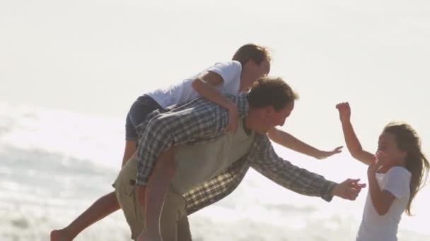 Vater mit Töchtern spielt am Strand — Stockvideo