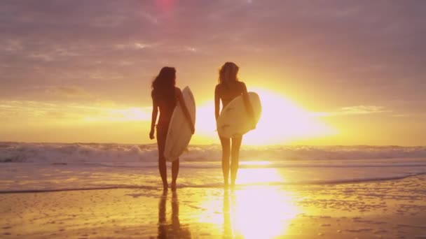 Girls hålla surfbrädor på stranden — Stockvideo