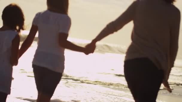 Familjen kör tillsammans på stranden — Stockvideo