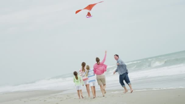 Familj ha kul med kite på stranden — Stockvideo