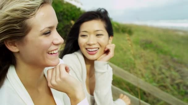 Vrouwen genieten van de frisse lucht op strand — Stockvideo