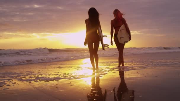 Meisjes houden van surfplanken op strand — Stockvideo