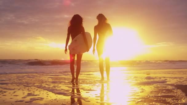 Girls holding surfboards on beach — Stock Video