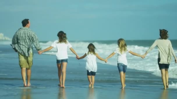 Padres con hijas caminando en la playa — Vídeos de Stock