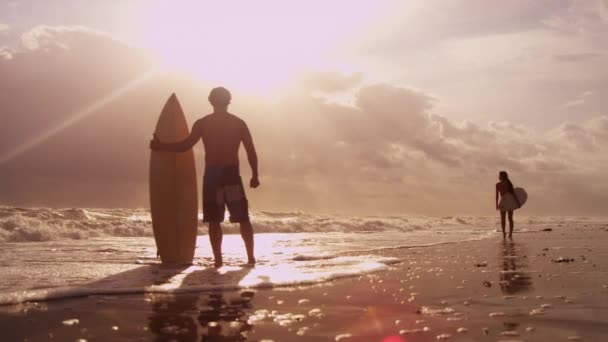 Surfers, κρατώντας ιστιοσανίδες και βλέποντας τα κύματα — Αρχείο Βίντεο