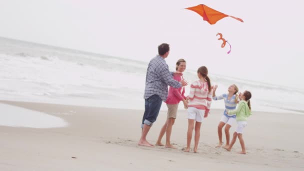 Familia divirtiéndose con cometa en la playa — Vídeos de Stock