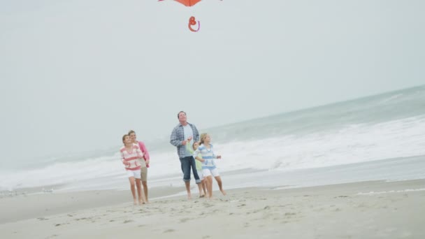 家庭在沙滩上玩风筝的乐趣 — 图库视频影像