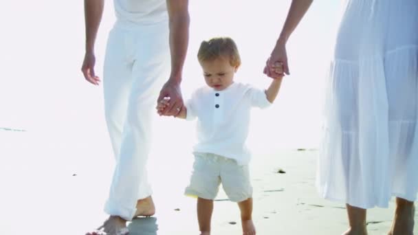 Eltern mit Sohn im Strandurlaub — Stockvideo